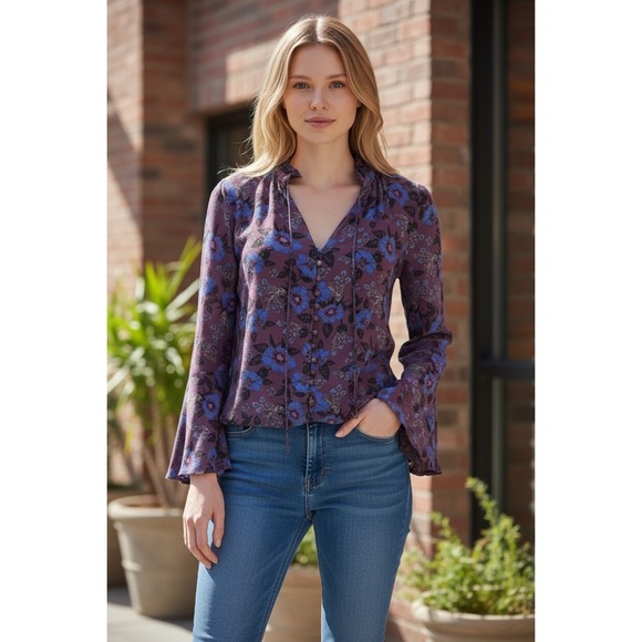 Free People Wine Floral Bell Sleeve Tunic Top - Picture 2 of 6